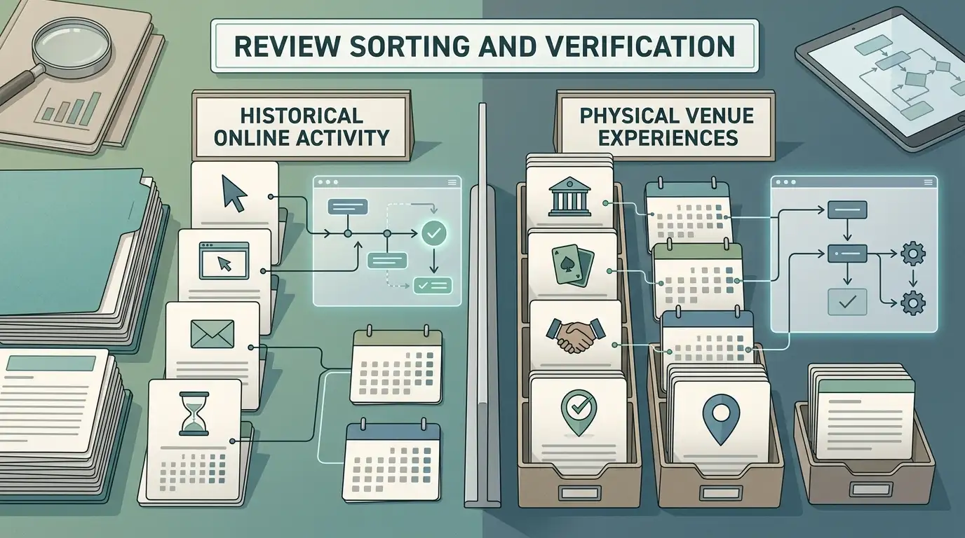 Editorial illustration of dated review cards sorted between online casino history and physical venue feedback