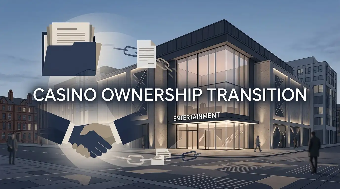 Editorial illustration of a Newcastle casino ownership transition using a generic building and corporate documents
