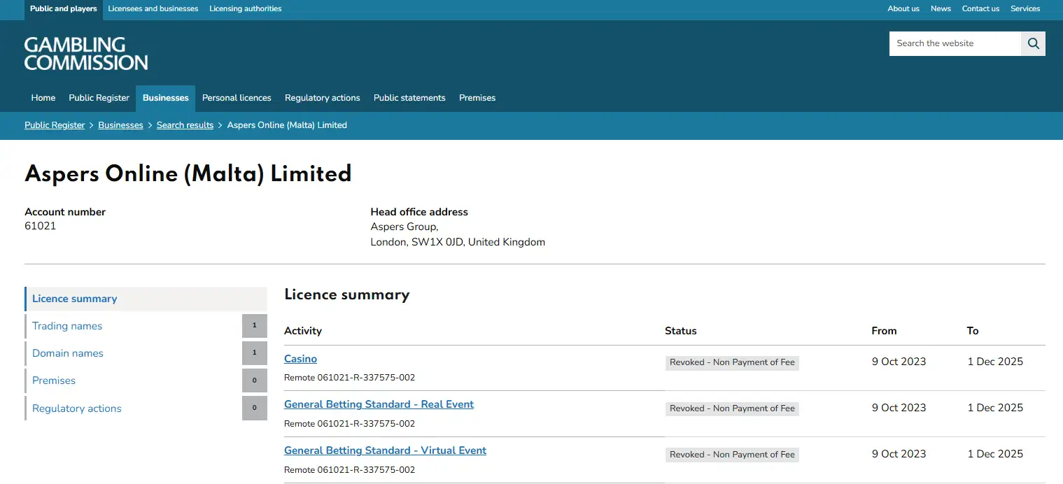 UK Gambling Commission register entry for Aspers Online Malta Limited