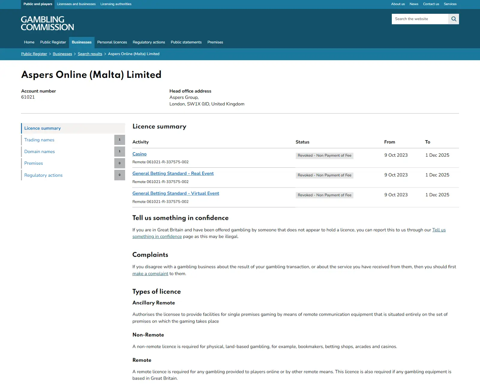 UK Gambling Commission public register fields used to check an online casino
