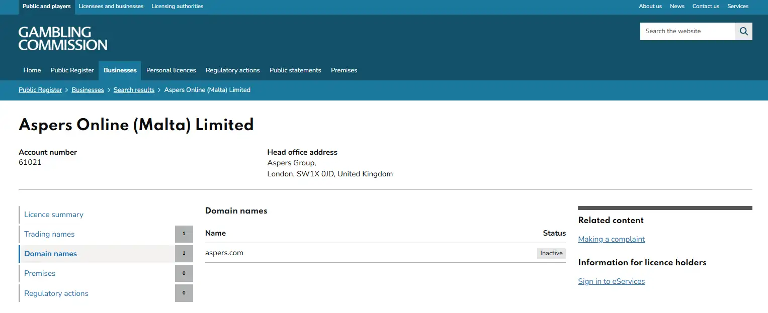 UK Gambling Commission public register page showing aspers.com as inactive