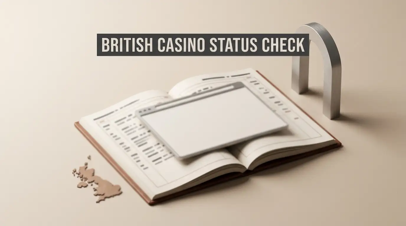 Editorial illustration of a UK casino brand status check with regulatory and venue-history motifs