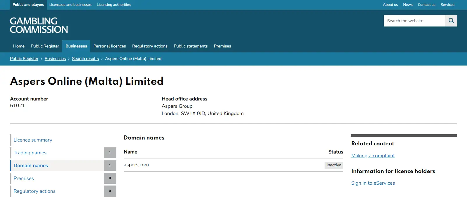UK Gambling Commission public register showing Aspers Online licence and domain status